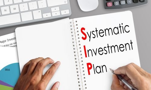 Systematic investment plan SIP is shown on the conceptual business. words typography top view lettering. Business concept and design.